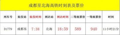 ​成都至北海高铁时刻表及票价